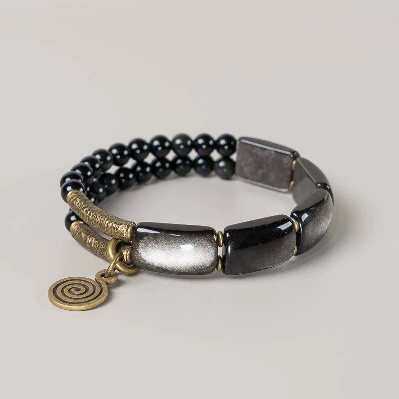Silver Sheen Obsidian Feng Shui Bracelet for Wealth & Luck