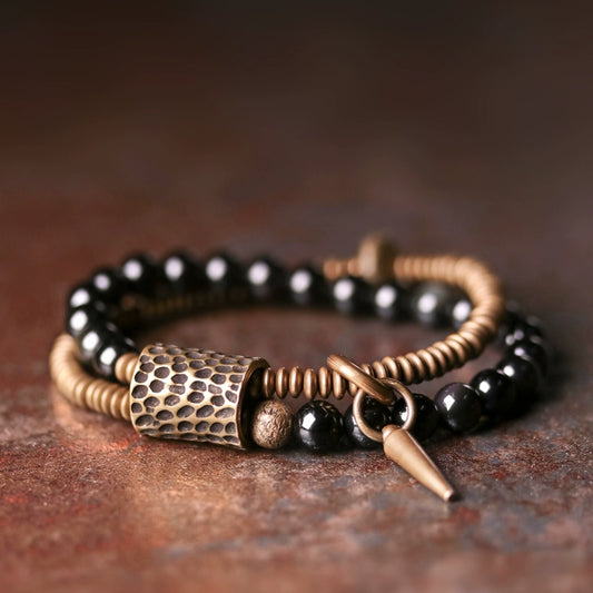 Tibetan Style Obsidian & Brass Wrap Bracelet for Courage & Spiritual Growth