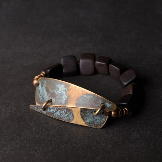 Patina Brass Shield & Ebony Bracelet - Spiritual Growth & Protection