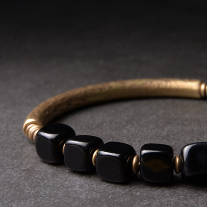 Obsidian & Hammered Brass Bracelet for Courage & Confidence