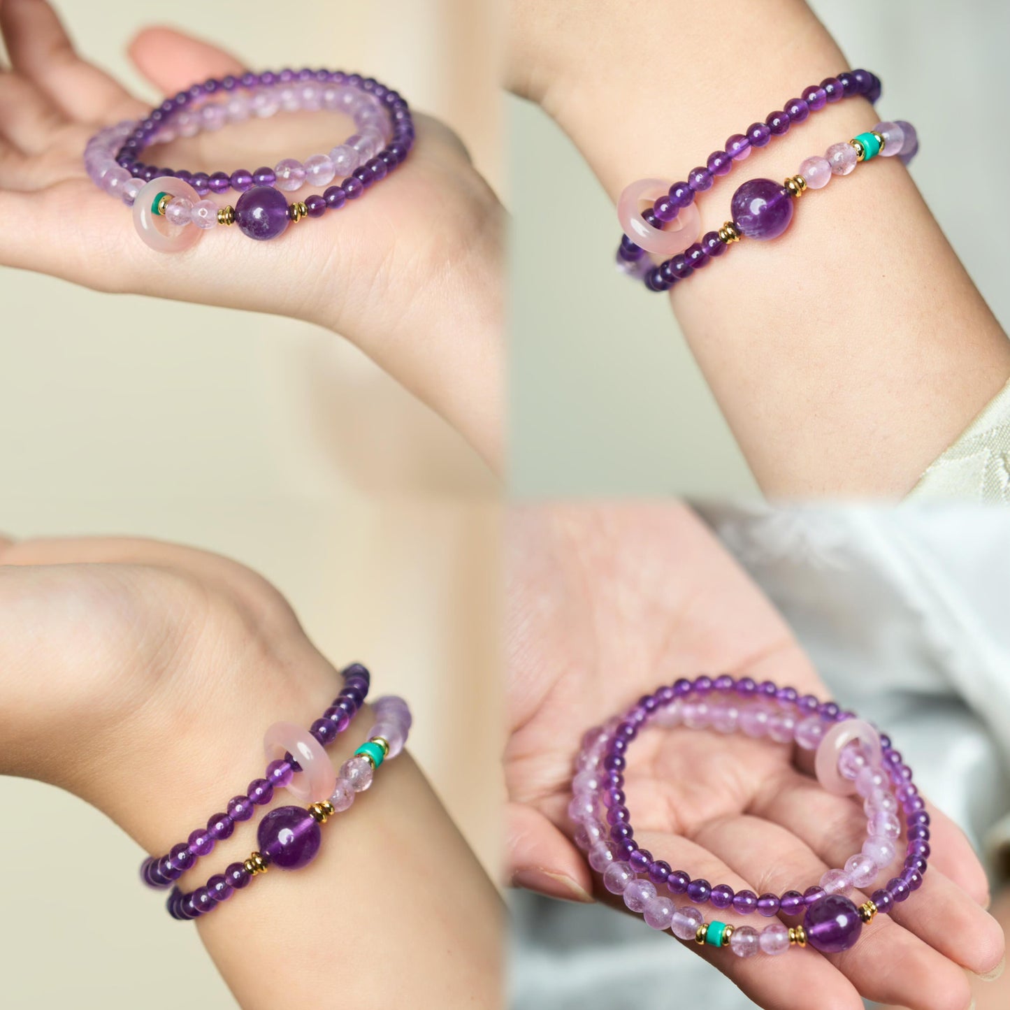 Close up of Agate Donut charm on a purple Amethyst beaded bracelet worn on wrist