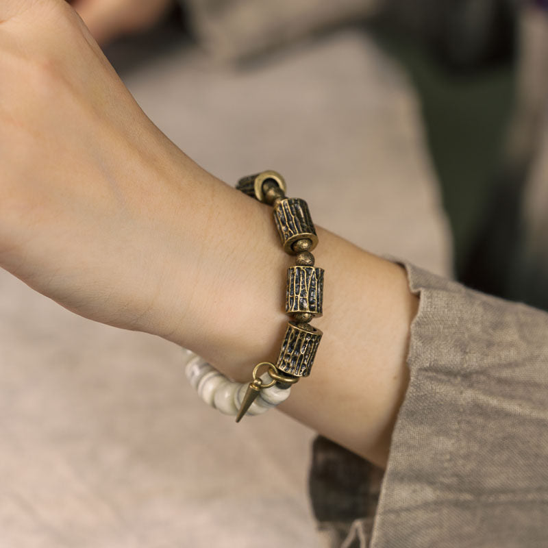 Hand-Carved Ox Bone & Vintage Brass Tube Bracelet (Tibetan Style)