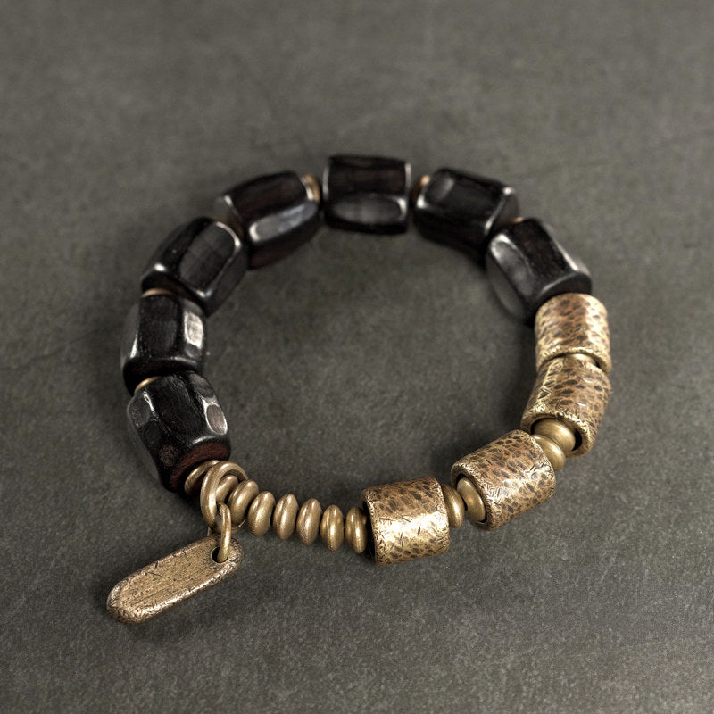 Hand-Carved Ebony Wood & Coiled Brass Bracelet (Vintage Men's Style)