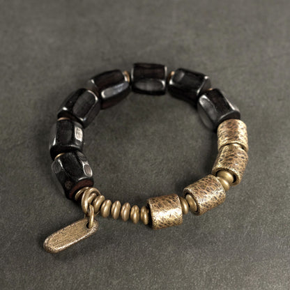 Hand-Carved Ebony Wood & Coiled Brass Bracelet (Vintage Men's Style)
