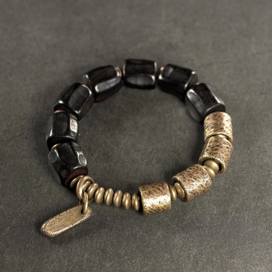 Hand-Carved Ebony Wood & Coiled Brass Bracelet (Vintage Men's Style)