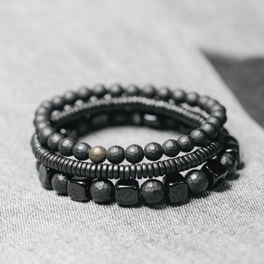 Men's Black Agate & Ebony Wood 3-Piece Bracelet Set (Matte & Faceted)