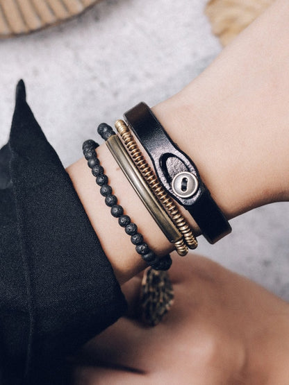 Volcanic Soul: Lava Stone & Brass Beaded Bracelet with Leather Wrap Set