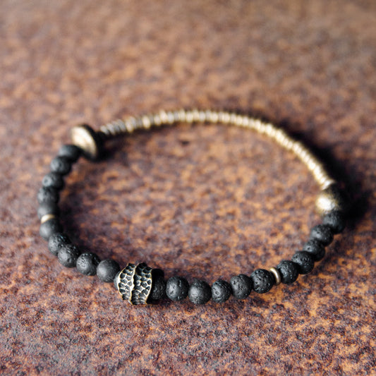 Mens Beaded Bracelet with Lava Stone and Hammered Brass Accents