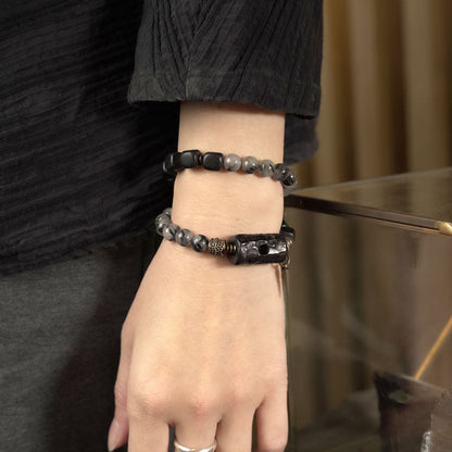 Black Rutilated Quartz & Hand-Carved Ebony Wood Bracelet with Brass Spike (Half & Half Style)