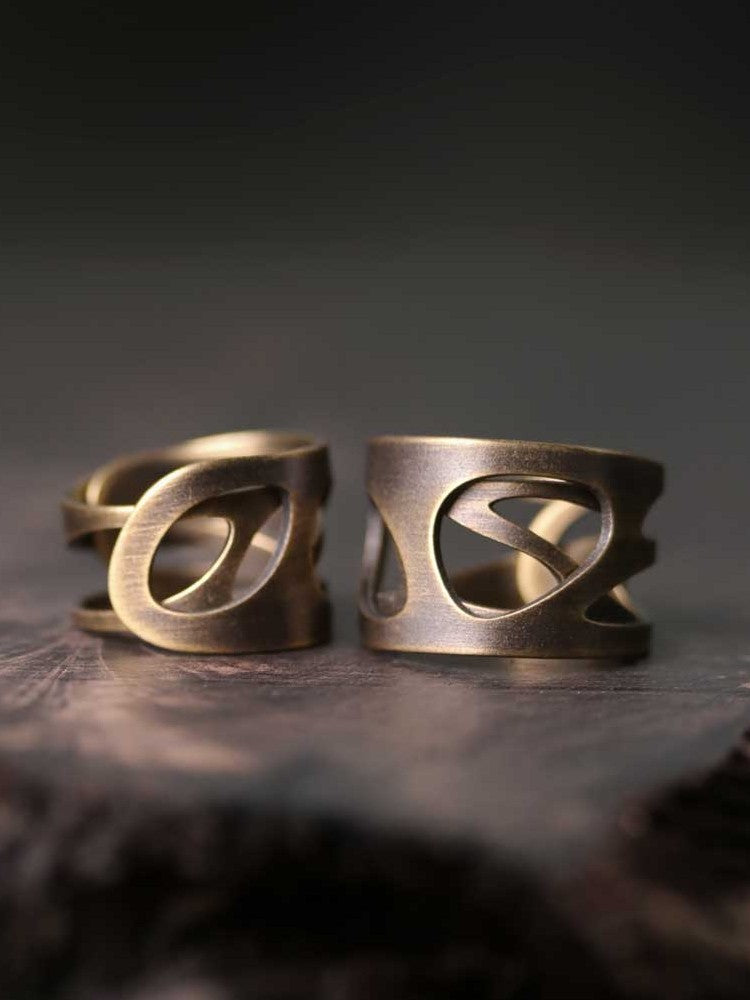 Hand-Forged Antique Brass Abstract Hollow-Out Rings
