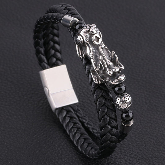 Titanium Steel Pixiu Guardian Braided Leather Bracelet