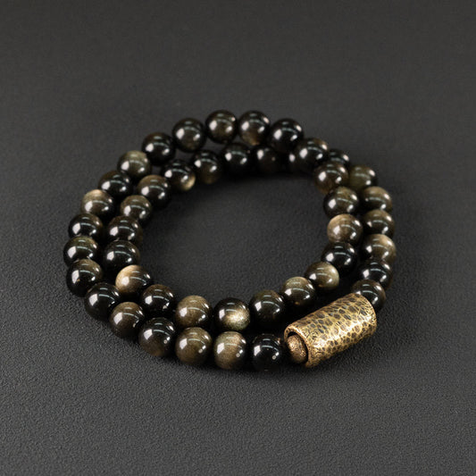 Golden Obsidian 2-Wrap Bracelet with Hammered Vintage Brass Tube (Unisex)