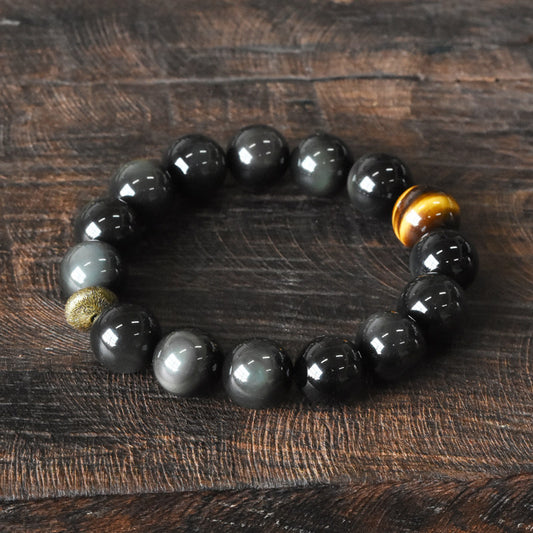 Men's Black Obsidian Beaded Bracelet with Tiger’s Eye and Antique Brass