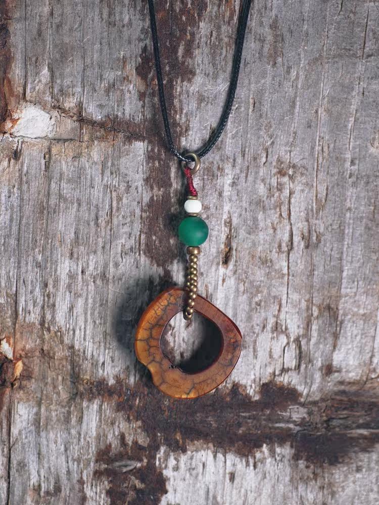 Hand-Carved Tibetan Ox Bone & Green Agate Spiritual Necklace
