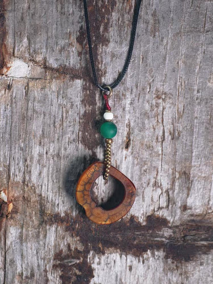 Hand-Carved Tibetan Ox Bone & Green Agate Spiritual Necklace
