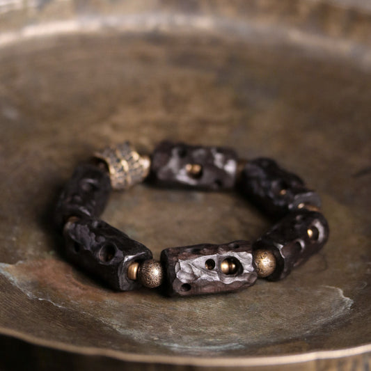 Tibetan Style Hand-Carved Ebony Wood & Textured Brass Cylinder Bracelet