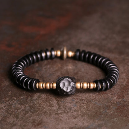Hand-Hammered Ebony Wood and Vintage Brass Beaded Bracelet