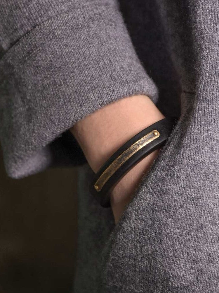 Ergonomic Ebony Wood and Vintage Brass Cuff Bracelet