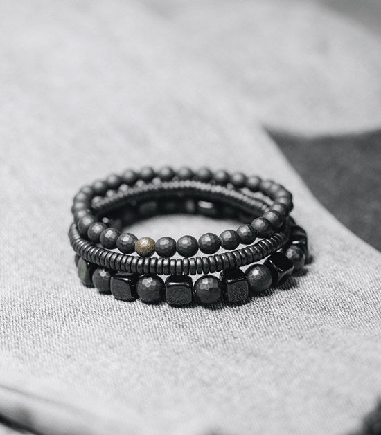 Men's Black Agate & Ebony Wood 3-Piece Bracelet Set (Matte & Faceted)
