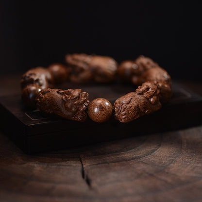 Artisan Golden Silk Sandalwood Pixiu Feng Shui Bracelet