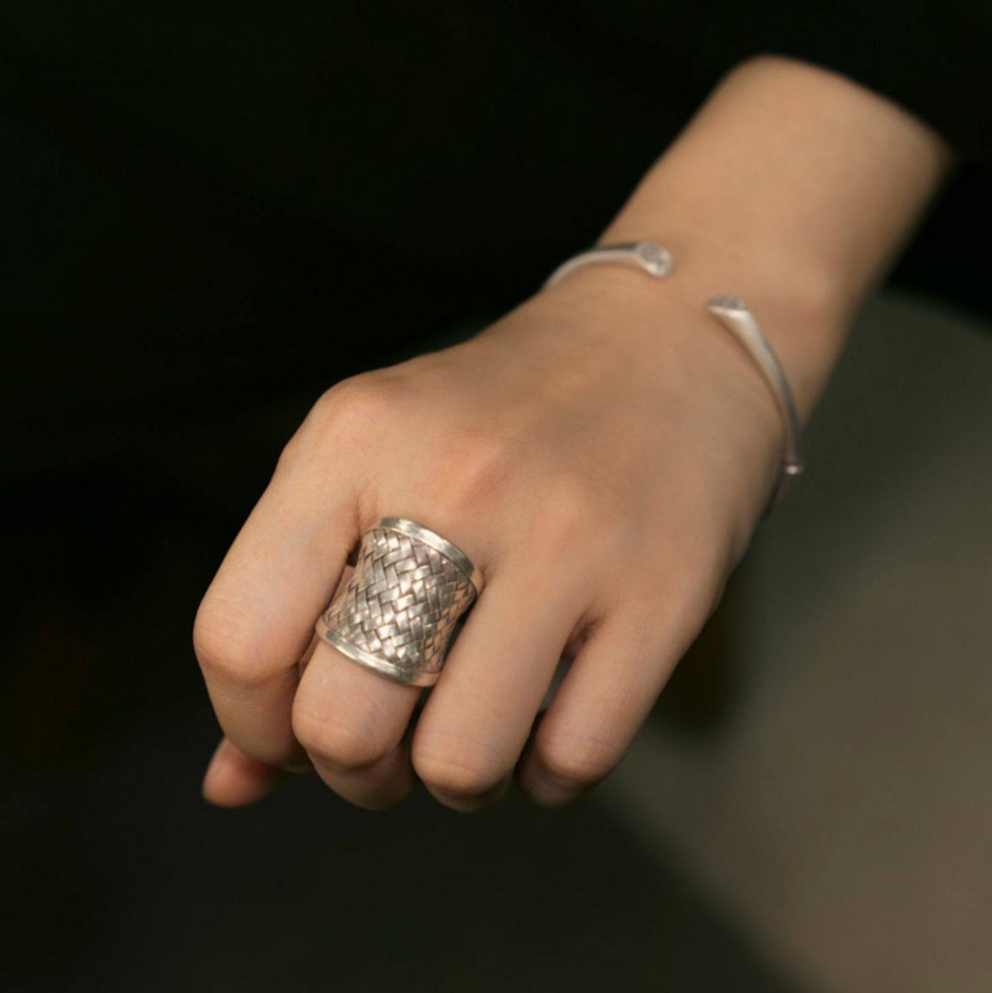 Bold Artisan S999 Fine Silver Shield & Woven Adjustable Rings