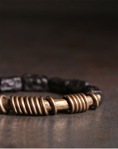 Hand-Textured Ebony Wood and Vintage Brass Cylinder Mens Beaded Bracelet