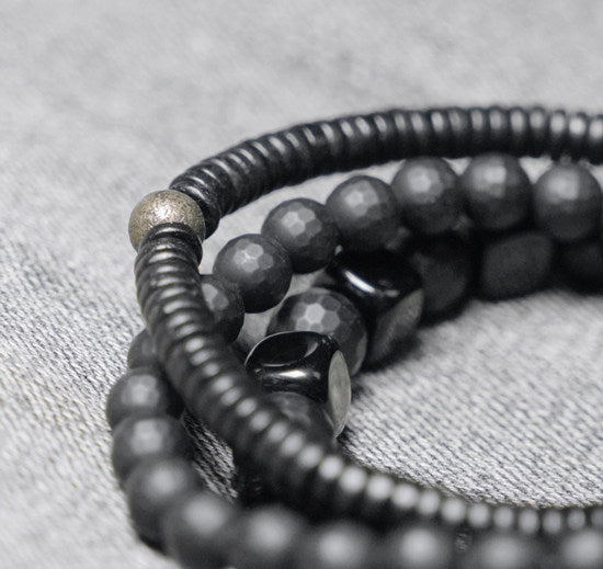 Men's Black Agate & Ebony Wood 3-Piece Bracelet Set (Matte & Faceted)