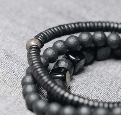 Men's Black Agate & Ebony Wood 3-Piece Bracelet Set (Matte & Faceted)