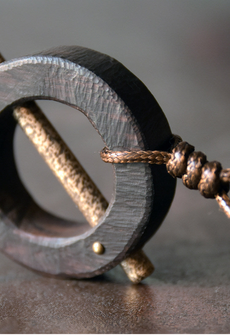 Geometric Ebony and Hammered Brass Wooden Necklace
