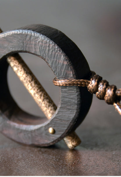 Geometric Ebony and Hammered Brass Wooden Necklace