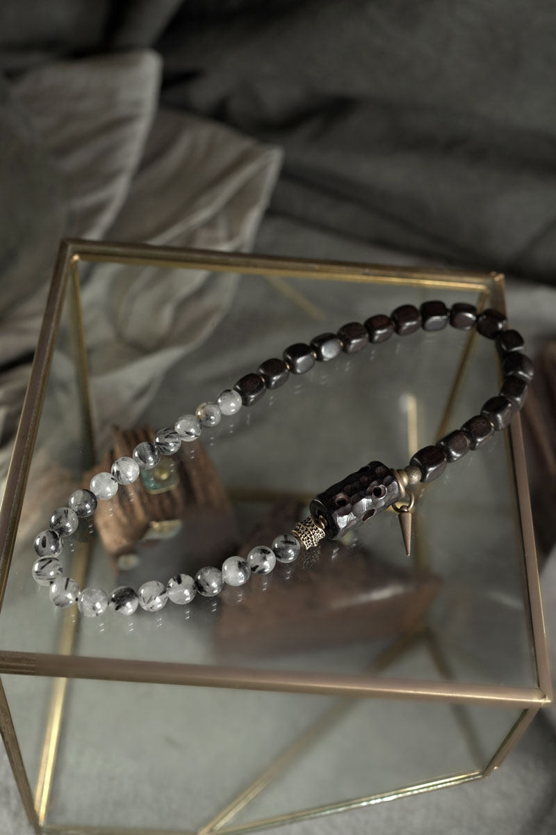 Black Rutilated Quartz & Hand-Carved Ebony Wood Bracelet with Brass Spike (Half & Half Style)