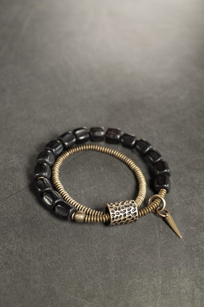 Black Ebony Wood & Coiled Brass 2-Wrap Bracelet with Spike Charm (Industrial Style)