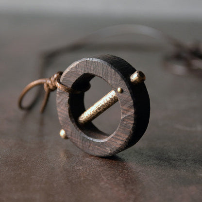 Geometric Ebony and Hammered Brass Wooden Necklace