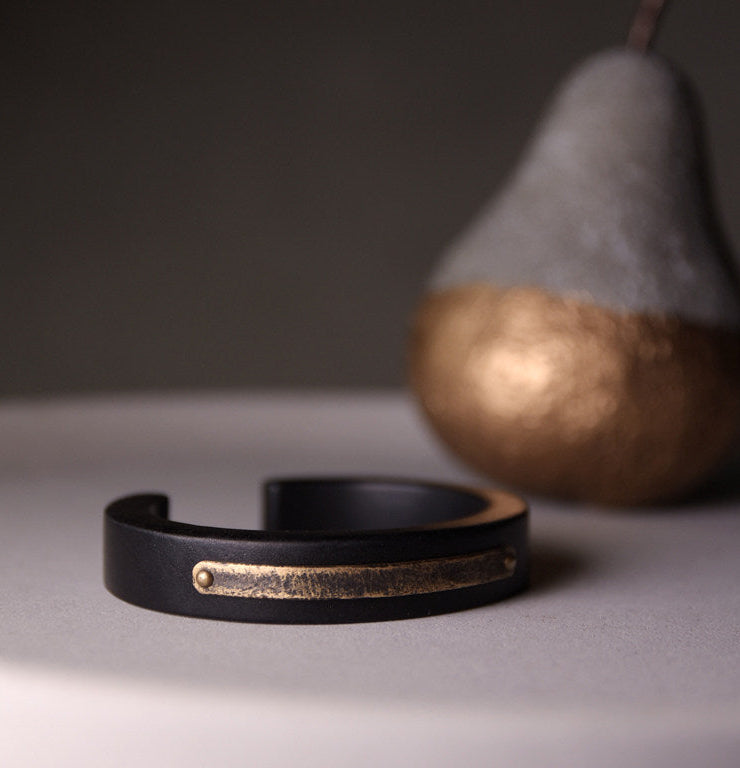 Ergonomic Ebony Wood and Vintage Brass Cuff Bracelet