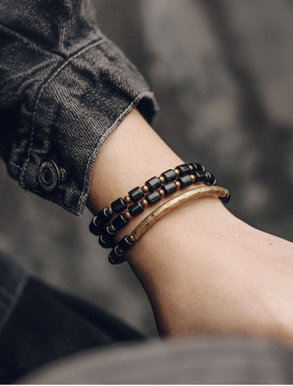 Handmade 3-Wrap Ebony Wooden Bead Bracelet with Antique Hammered Brass