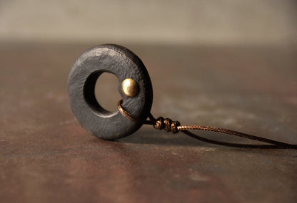 Hand-Carved Ebony and Vintage Brass Wood Pendant Necklace