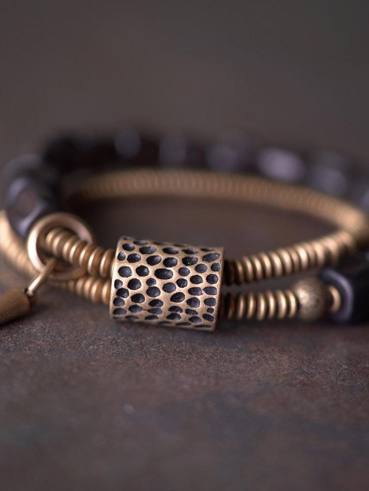 Black Ebony Wood & Coiled Brass 2-Wrap Bracelet with Spike Charm (Industrial Style)