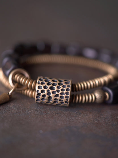 Black Ebony Wood & Coiled Brass 2-Wrap Bracelet with Spike Charm (Industrial Style)