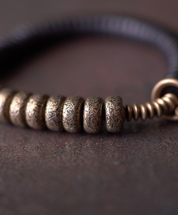 Black Ebony Wood & Textured Vintage Brass Heishi Bracelet (Industrial Style)