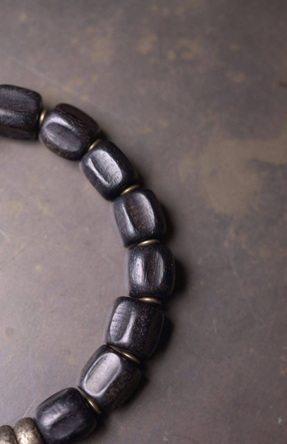 Black Ebony Wood & Textured Vintage Brass 2-Wrap Bracelet with Spike Charm