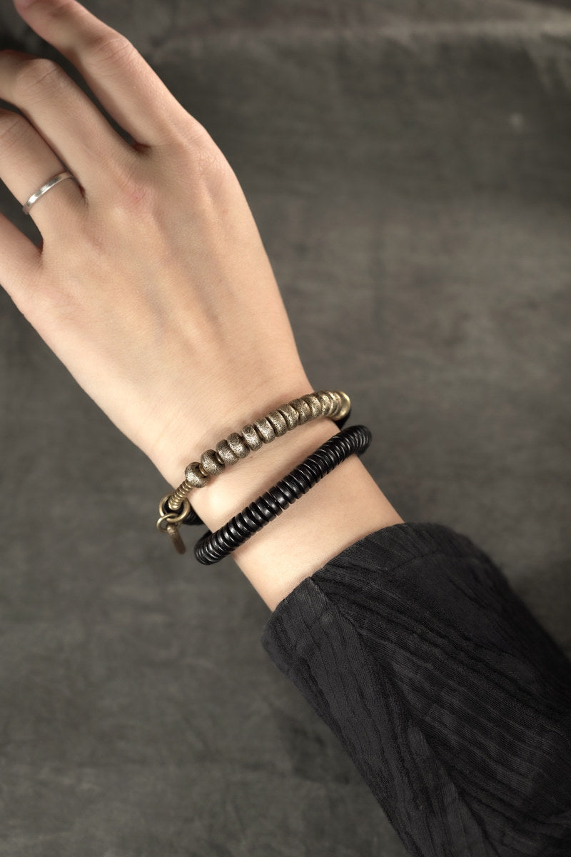 Black Ebony & Textured Vintage Brass 2-Wrap Bracelet (Industrial Style)