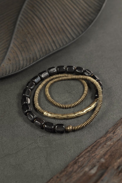 Black Ebony Wood & Coiled Brass Triple Layer Bracelet (Men's Industrial Style)