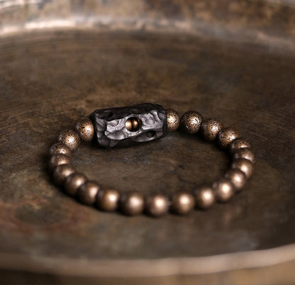 Hand-Carved Ebony and Textured Brass Beaded Bracelet for Men