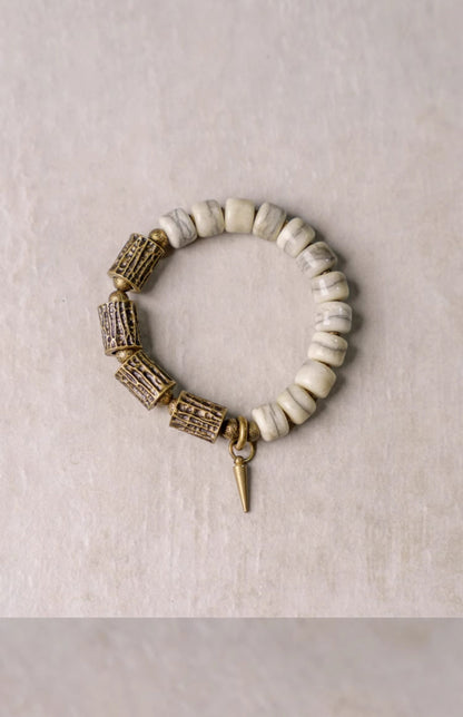 Hand-Carved Ox Bone & Vintage Brass Tube Bracelet (Tibetan Style)