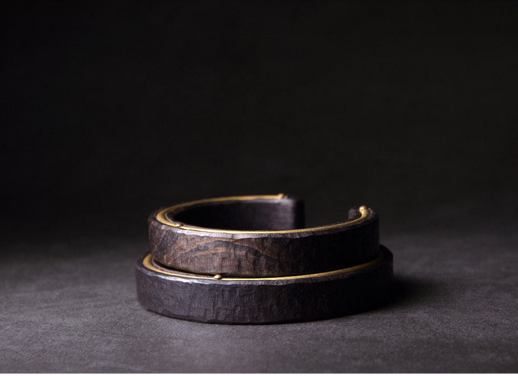 Hand-Textured African Ebony Cuff Bracelet with Seamless Brass Inlay