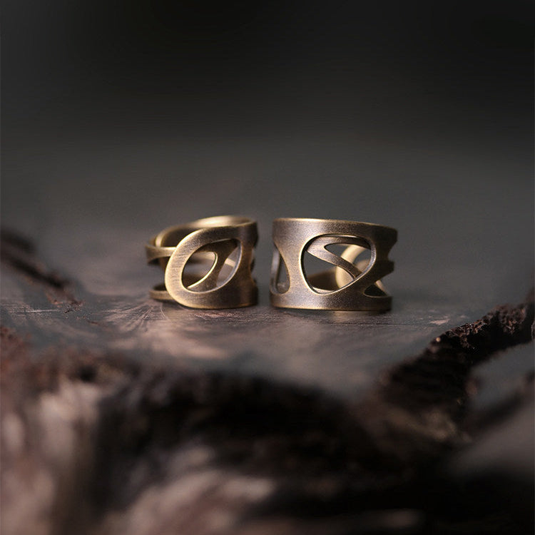 Hand-Forged Antique Brass Abstract Hollow-Out Rings