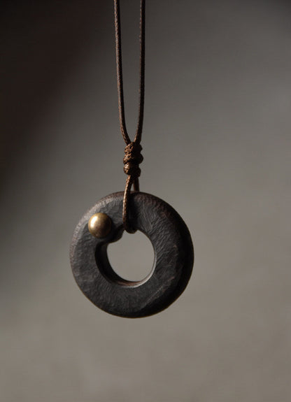 Hand-Carved Ebony and Vintage Brass Wood Pendant Necklace