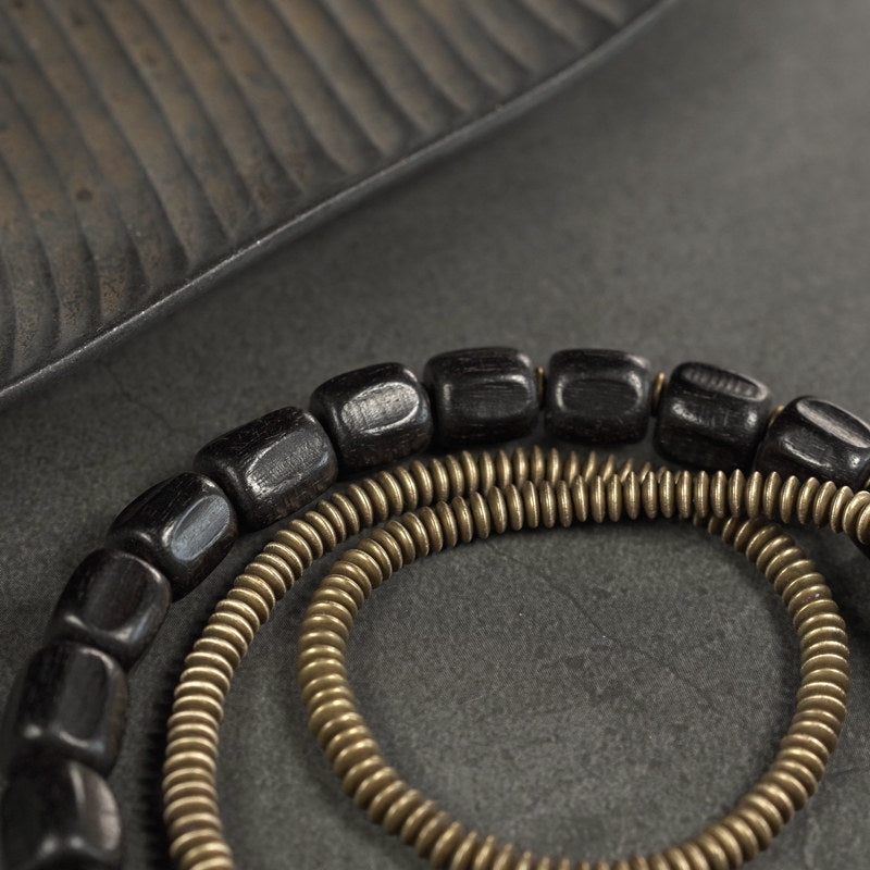 Black Ebony Wood & Coiled Brass Triple Layer Bracelet (Men's Industrial Style)