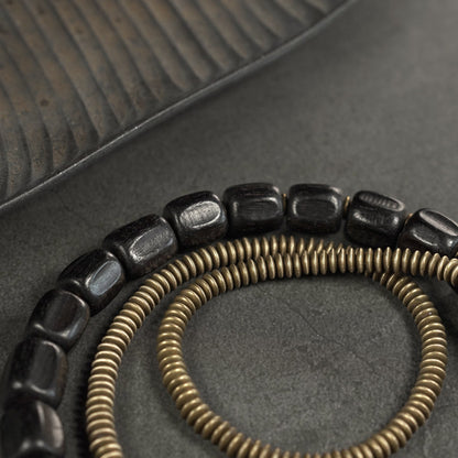 Black Ebony Wood & Coiled Brass Triple Layer Bracelet (Men's Industrial Style)