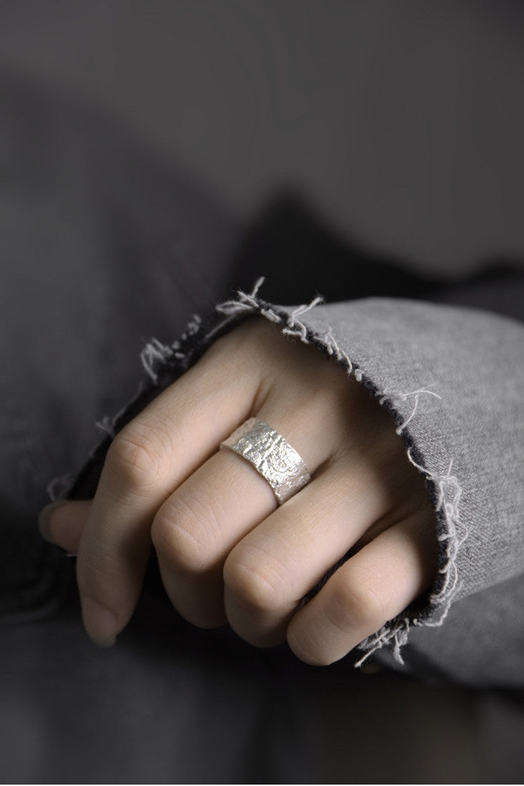 Artisan Raw Texture 925 Sterling Silver Wide Band